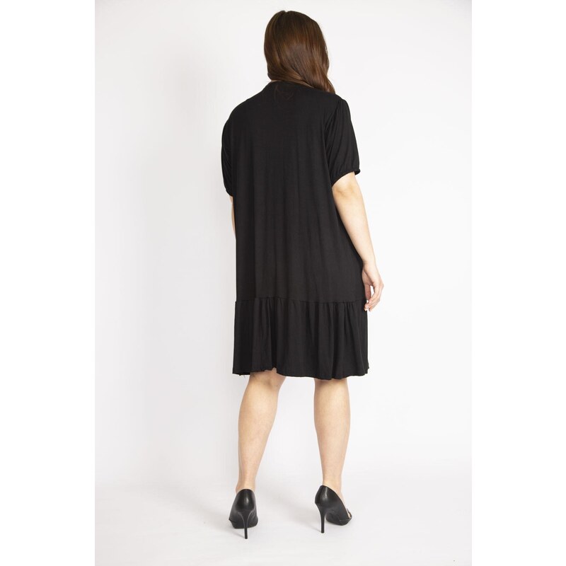 Şans Women's Black Plus Size V Neck Robe Gathered Tiered Hem Dress