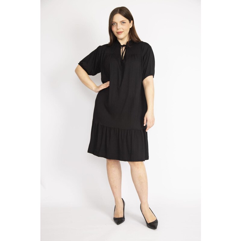 Şans Women's Black Plus Size V Neck Robe Gathered Tiered Hem Dress