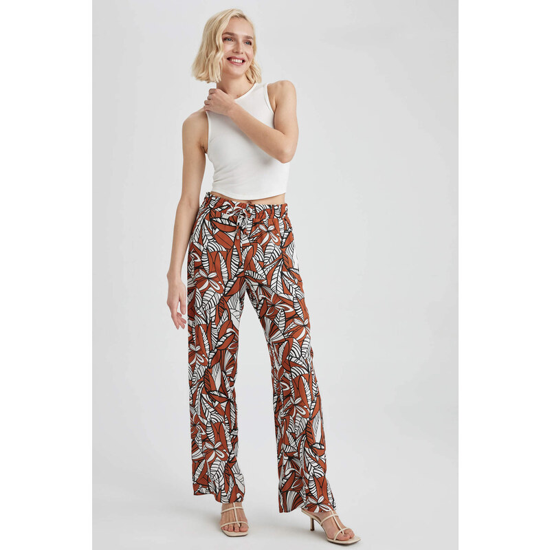DEFACTO Traditional Patterned High Waist Wide Leg Pocketed Viscose Trousers