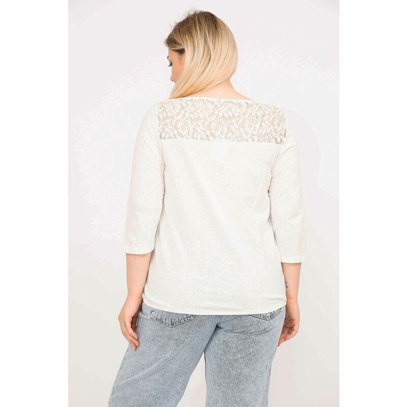 Şans Women's Bone Plus Size Blouse with Capri Sleeves with Lace and Elastic Detail on the Shoulders and Back Robe.