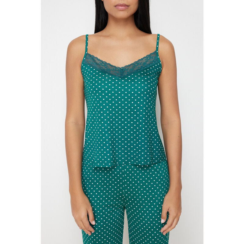 Trendyol Green Polka Dot Lace Detailed Viscose Knitted Pajamas Set