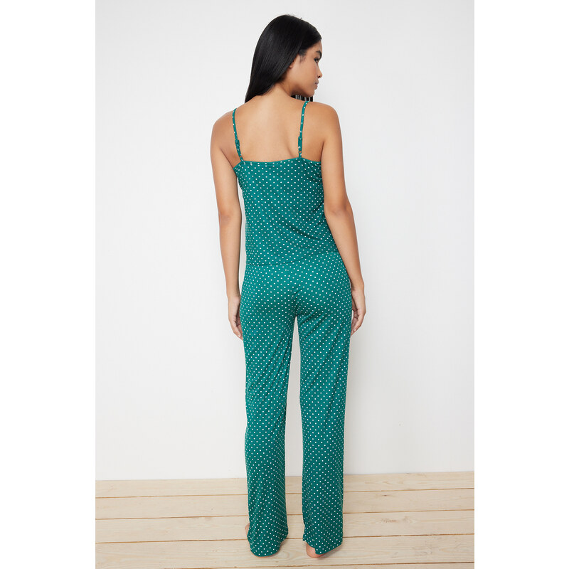 Trendyol Green Polka Dot Lace Detailed Viscose Knitted Pajamas Set