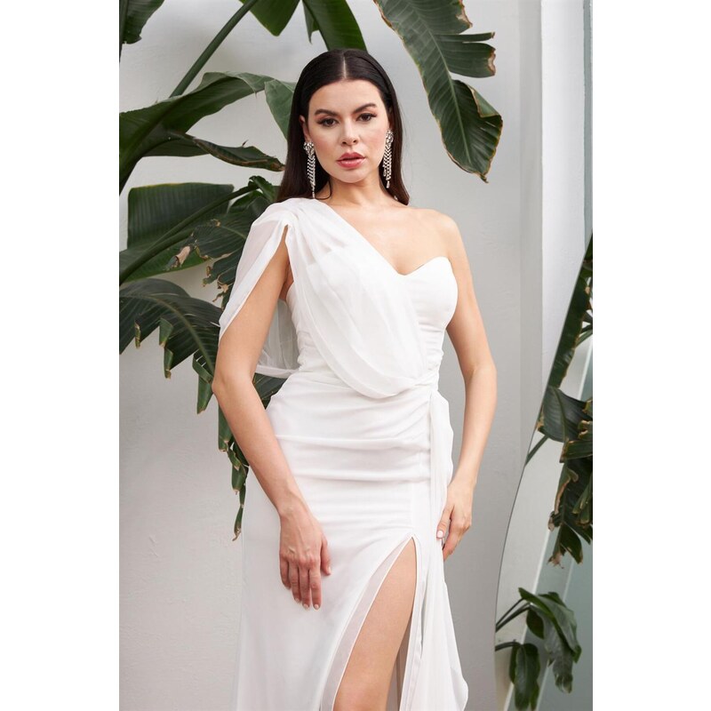 Carmen Ecru Chiffon One-Shoulder Slit Long Wedding Dress