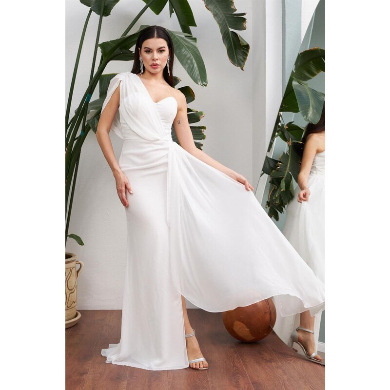 Carmen Ecru Chiffon One-Shoulder Slit Long Wedding Dress