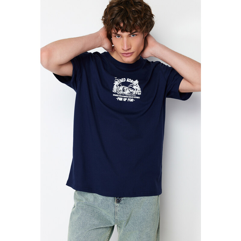 Trendyol Navy Blue Relaxed/Comfortable Cut Fluffy Landscape Printed 100% Cotton T-Shirt