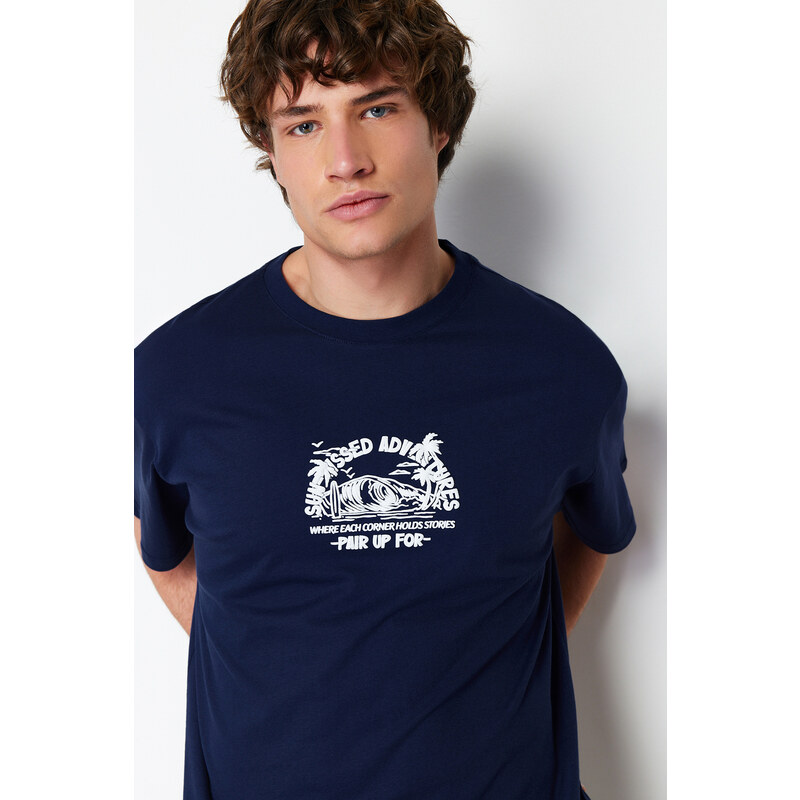 Trendyol Navy Blue Relaxed/Comfortable Cut Fluffy Landscape Printed 100% Cotton T-Shirt