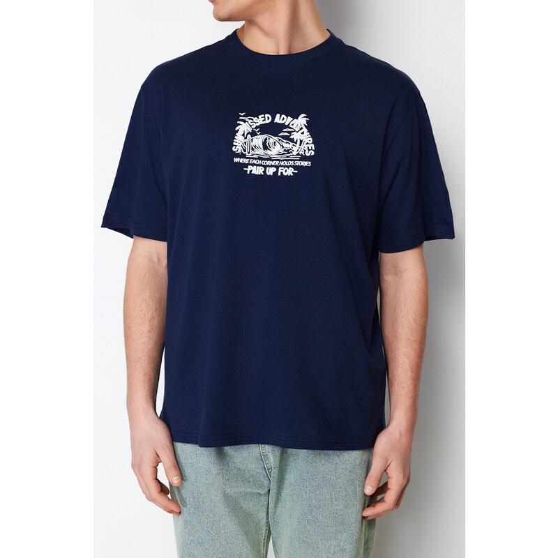 Trendyol Navy Blue Relaxed/Comfortable Cut Fluffy Landscape Printed 100% Cotton T-Shirt