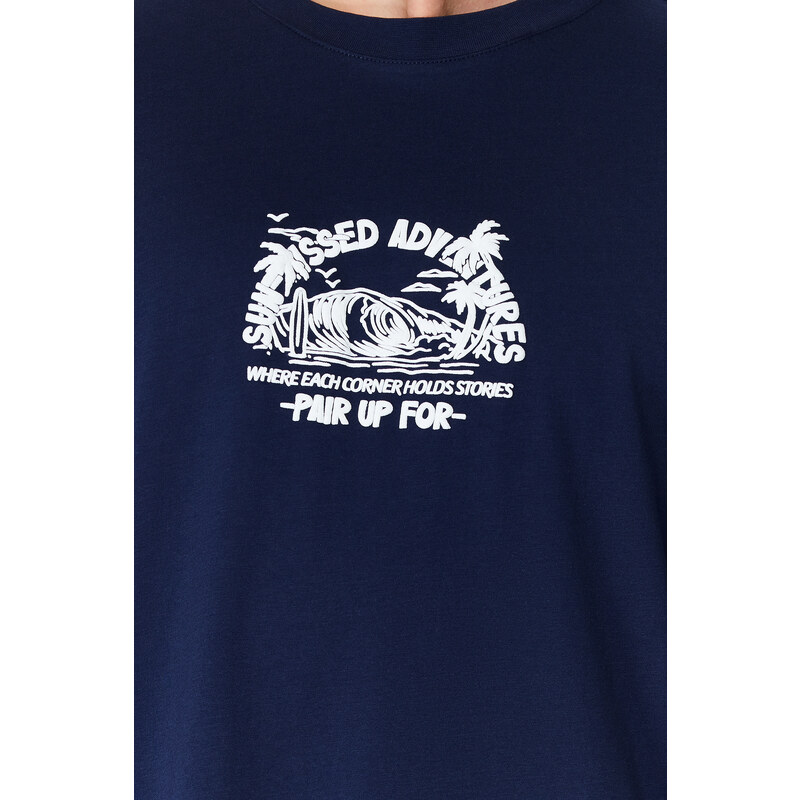 Trendyol Navy Blue Relaxed/Comfortable Cut Fluffy Landscape Printed 100% Cotton T-Shirt