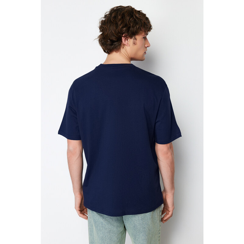 Trendyol Navy Blue Relaxed/Comfortable Cut Fluffy Landscape Printed 100% Cotton T-Shirt