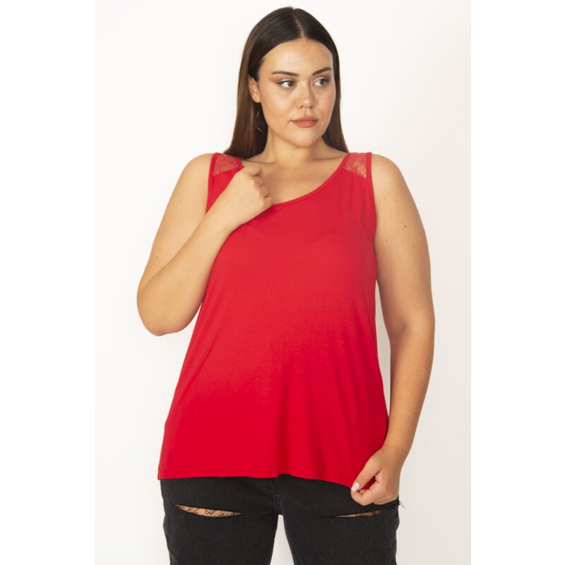 Şans Women's Plus Size Red Blouse With Lace Shoulders And A yoke at the back