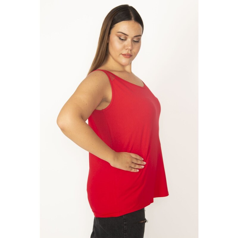 Şans Women's Plus Size Red Blouse With Lace Shoulders And A yoke at the back