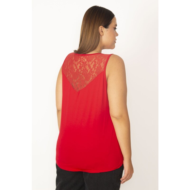 Şans Women's Plus Size Red Blouse With Lace Shoulders And A yoke at the back