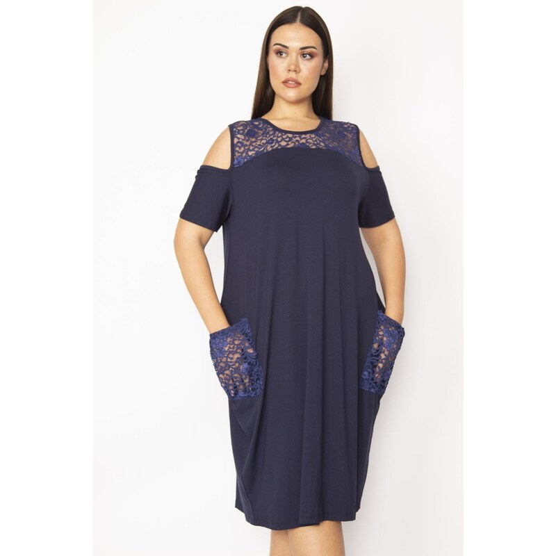Şans Women's Plus Size Navy Blue Dress With Pocket And Front Back Collar Lace With Neck Decollete