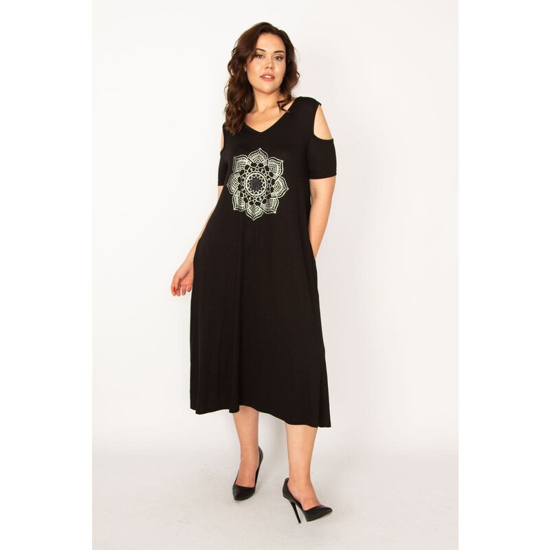 Şans Women's Plus Size Black Viscose Dress With Open Shoulders and Open Back Detail.