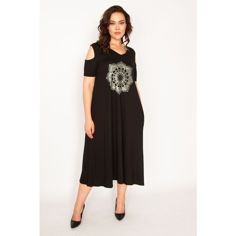 Şans Women's Plus Size Black Viscose Dress With Open Shoulders and Open Back Detail.