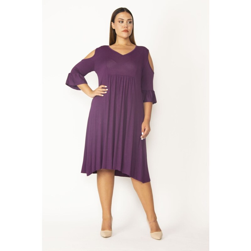 Şans Women's Plus Size Plum Viscose Dress with Decollete Chest Gathering And Flounces Detail