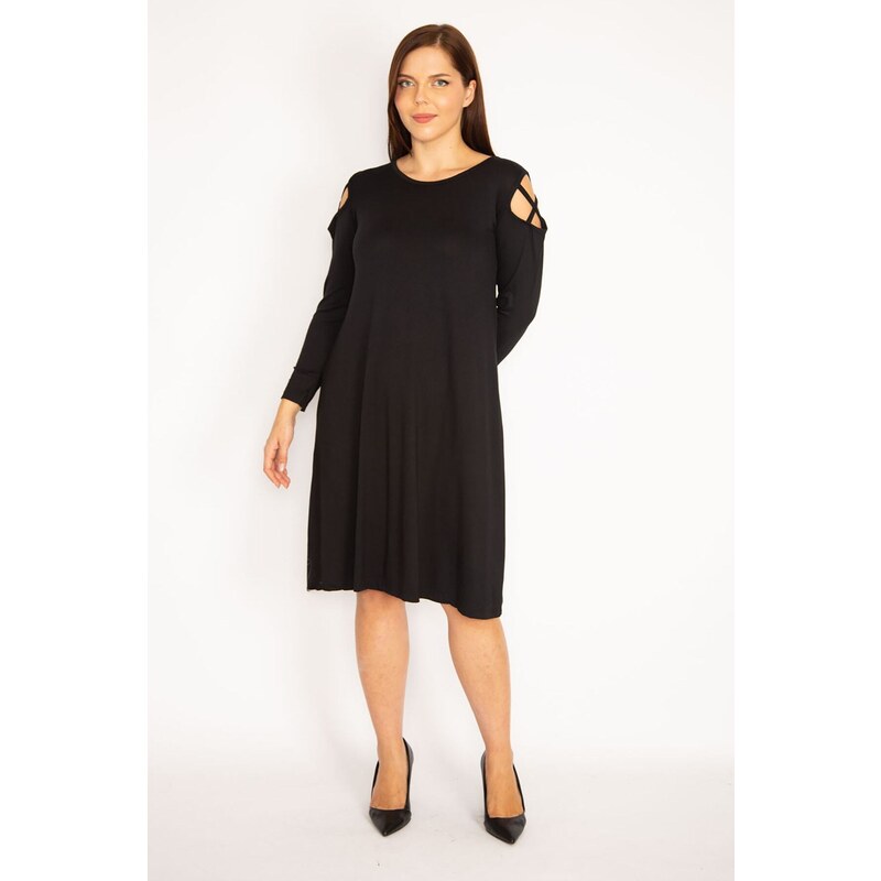 Şans Women's Plus Size Black Dress with Shoulder Detail