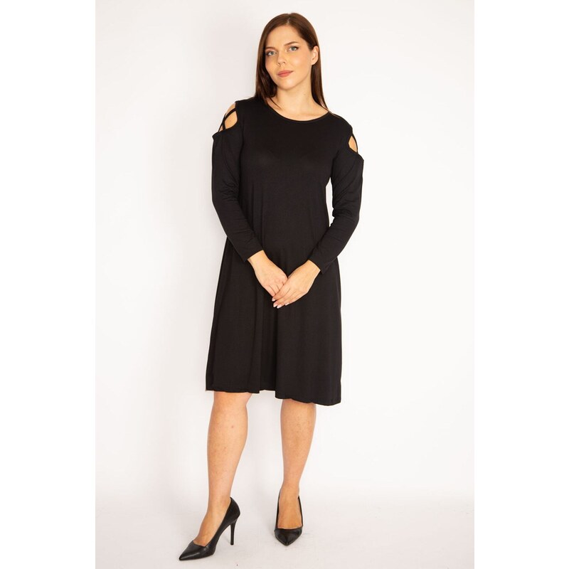 Şans Women's Plus Size Black Dress with Shoulder Detail