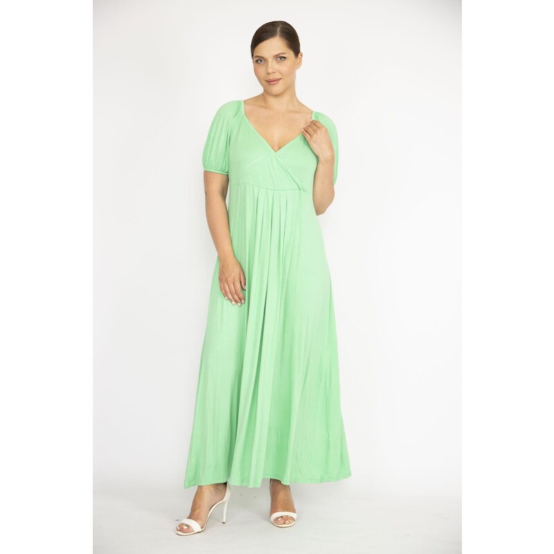 Şans Women's Plus Size Green Elastic Detailed Shoulder And Arm Cuff Dress With Wrap Neck