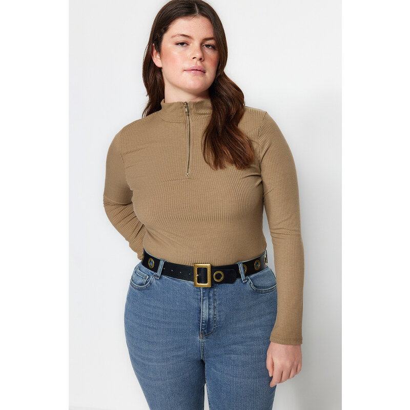 Trendyol Curve Mink Stand Collar Corduroy Knitted Body