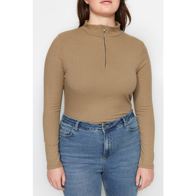 Trendyol Curve Mink Stand Collar Corduroy Knitted Body