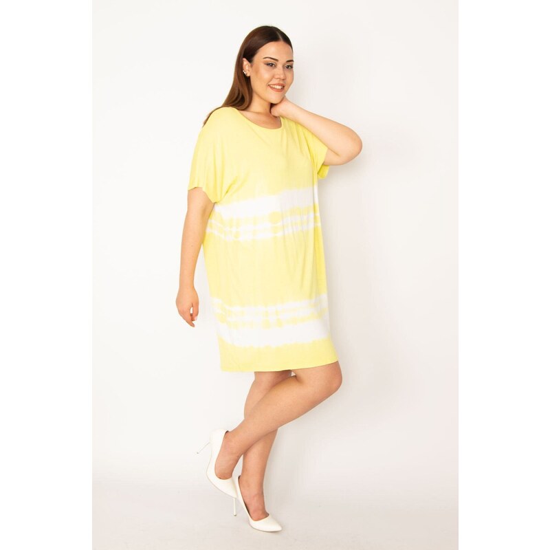 Şans Women's Plus Size Yellow Tie Dye Patterned Tunic Dress