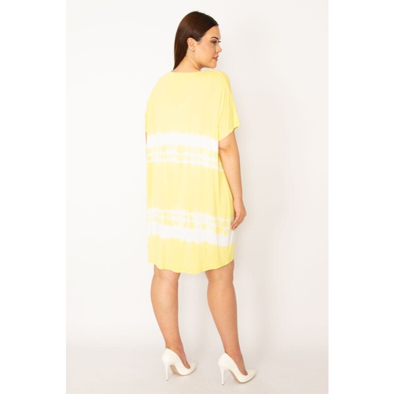 Şans Women's Plus Size Yellow Tie Dye Patterned Tunic Dress