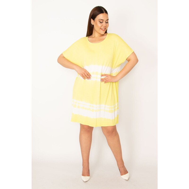 Şans Women's Plus Size Yellow Tie Dye Patterned Tunic Dress