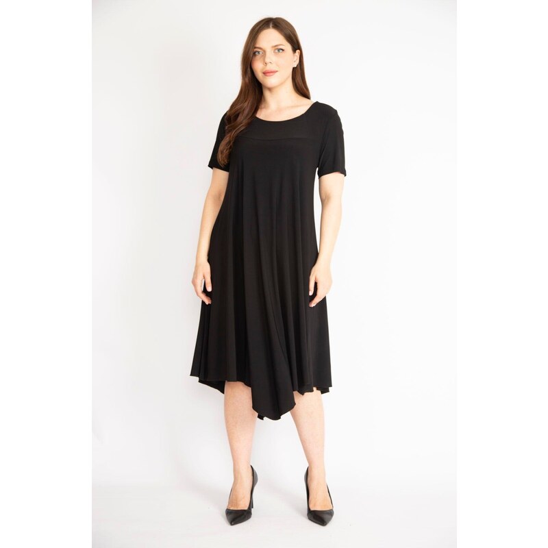 Şans Women's Black Plus Size A-Line Cut Short Sleeve Lycra Dress