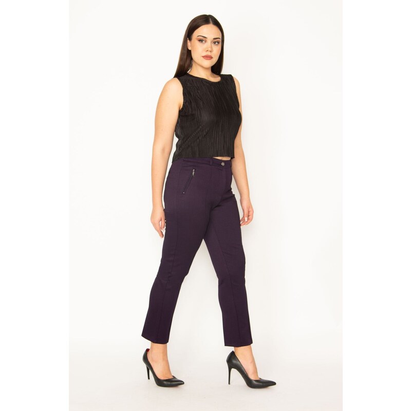 Şans Women's Plus Size Plum Ornamental Zipper Pocket. Front Grass Stitched Fabric Trousers