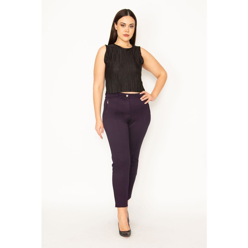 Şans Women's Plus Size Plum Ornamental Zipper Pocket. Front Grass Stitched Fabric Trousers