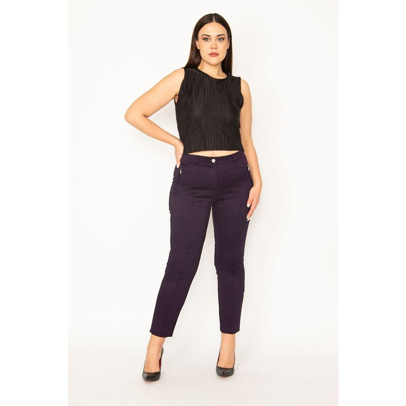 Şans Women's Plus Size Plum Ornamental Zipper Pocket. Front Grass Stitched Fabric Trousers