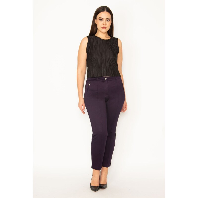 Şans Women's Plus Size Plum Ornamental Zipper Pocket. Front Grass Stitched Fabric Trousers