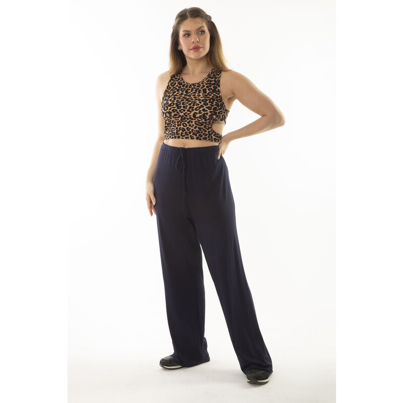 Şans Women's Plus Size Navy Blue Elastic And Laced Waist With No Pocket, A Comfortable Cut Tracksuit Bottom