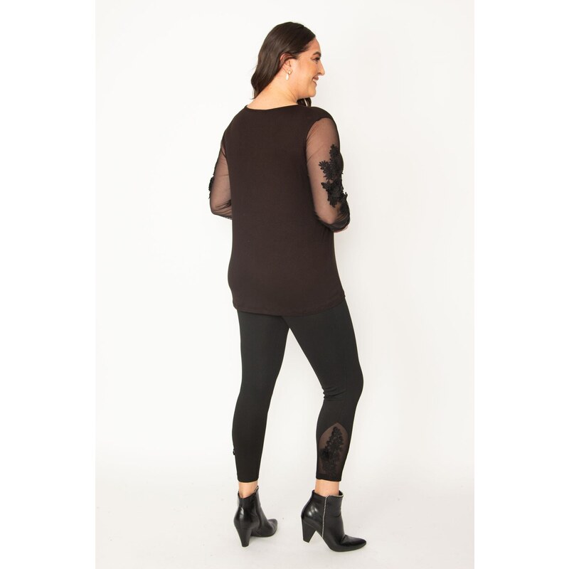 Şans Women's Plus Size Black Lace And Tulle Detailed Blouse And Leggings Pants Suit