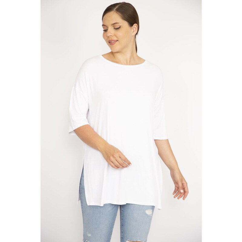 Şans Women's White Plus Size Side Slit Short Sleeve Blouse