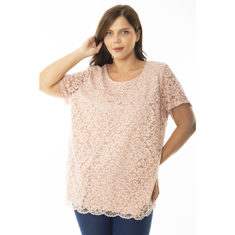 Şans Women's Plus Size Salmon Viscose blouse with lace front and sleeves, Tunic