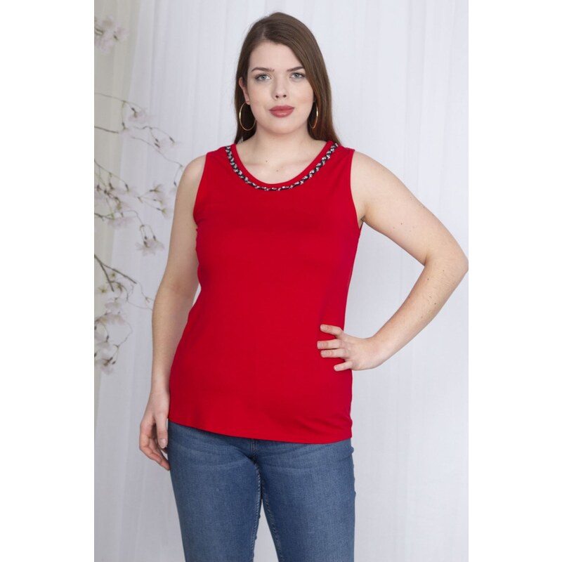 Şans Women's Plus Size Red Collar Detailed Sleeveless Blouse