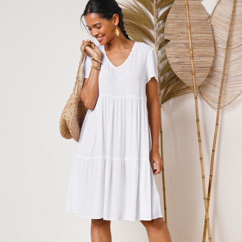 Blancheporte Krátké jednobarevné šaty s výstřihem do "V" bílá 48