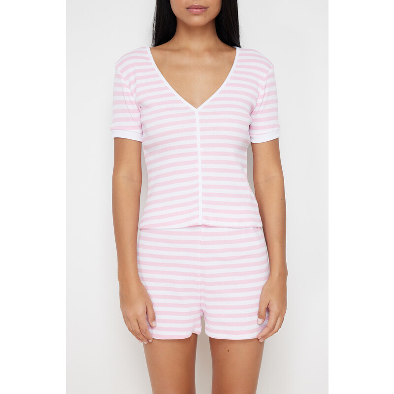 Trendyol Pink Cotton Striped Corded Knitted Pajamas Set