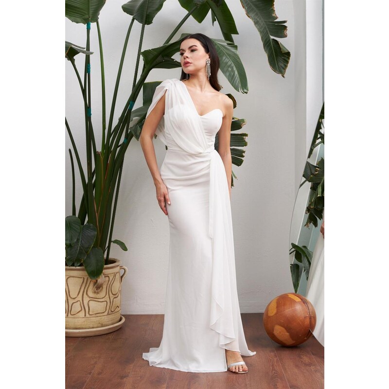 Carmen Ecru Chiffon One-Shoulder Slit Long Wedding Dress
