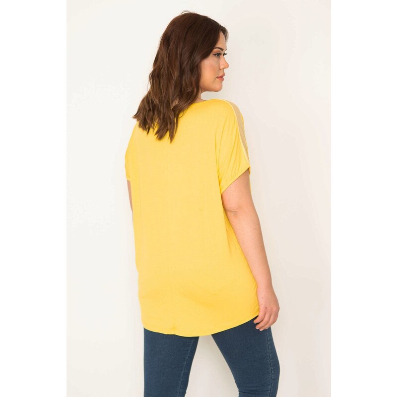 Şans Women's Plus Size Yellow Shoulders Tulle And Ornament Pocket Stone Detailed Low Sleeve Viscose Blouse