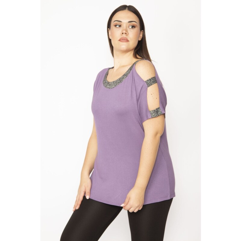 Şans Women's Plus Size Purple One-Shoulder And Collar Silvery Detailed Blouse