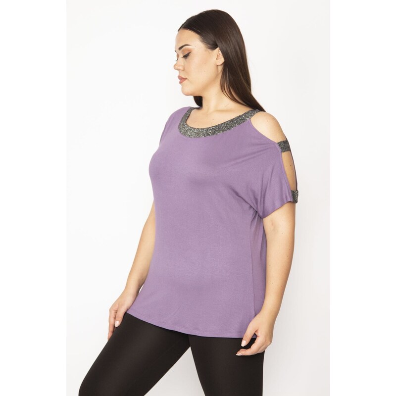 Şans Women's Plus Size Purple One-Shoulder And Collar Silvery Detailed Blouse