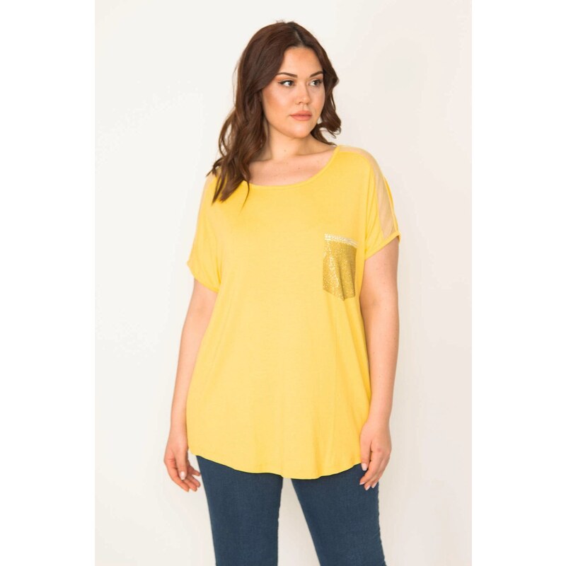 Şans Women's Plus Size Yellow Shoulders Tulle And Ornament Pocket Stone Detailed Low Sleeve Viscose Blouse