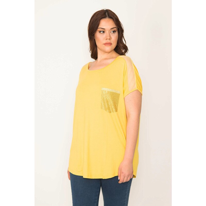 Şans Women's Plus Size Yellow Shoulders Tulle And Ornament Pocket Stone Detailed Low Sleeve Viscose Blouse