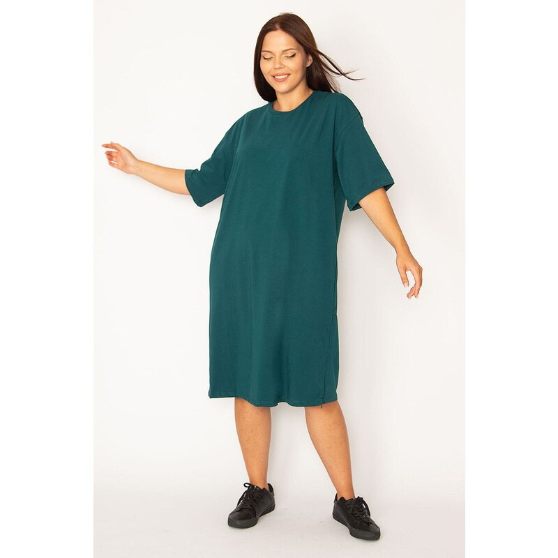 Şans Women's Plus Size Green Cotton Fabric Side Zipper Slit Lycra Dress