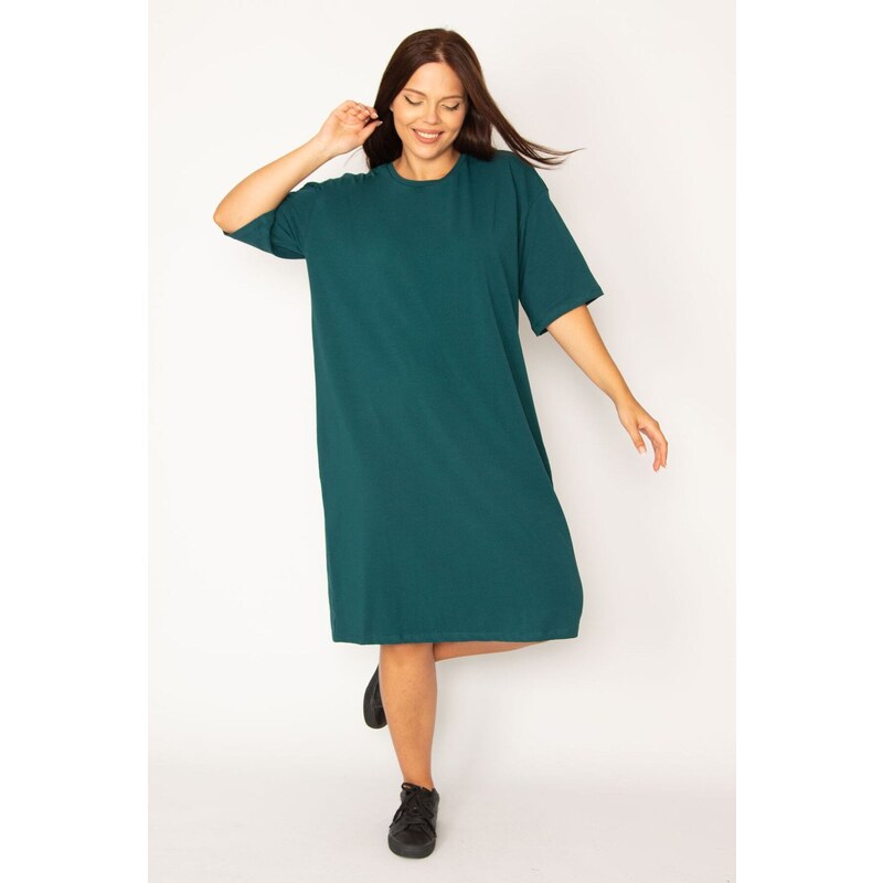 Şans Women's Plus Size Green Cotton Fabric Side Zipper Slit Lycra Dress