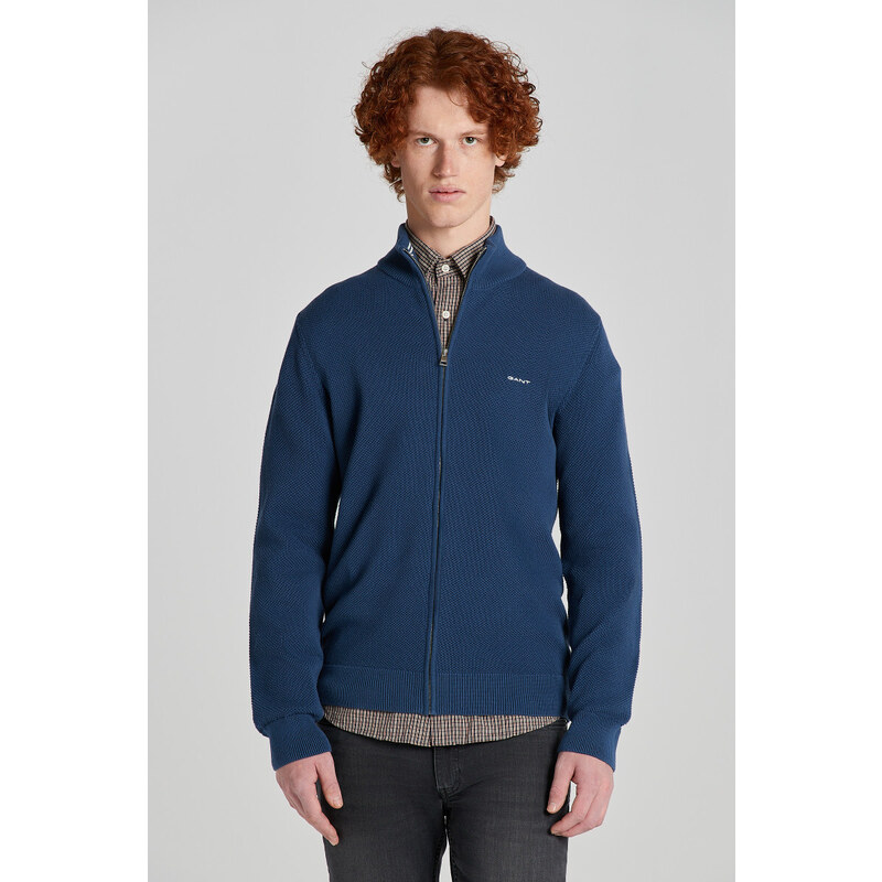 SVETR GANT COTTON PIQUE ZIP CARDIGAN DUSTY BLUE SEA