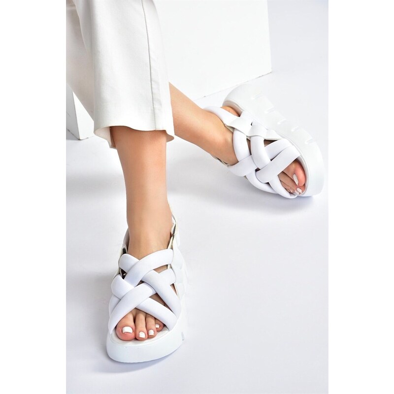 Fox Shoes Women's White Fabric Thick-soled Sandals